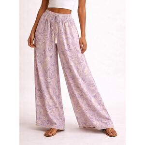 Lavender Tropical Print Wide-Leg Pants with Tassel Drawstring